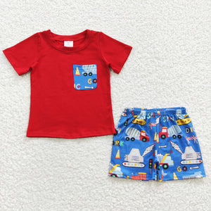 Cartoon Engineering Vehicle Pocket Red Boys Shorts Sets