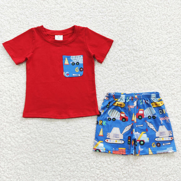 Cartoon Engineering Vehicle Pocket Red Boys Shorts Sets