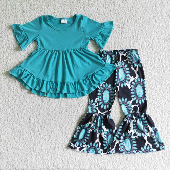 Solid Green Gems Girls Short Sleeve+Trousers Sets
