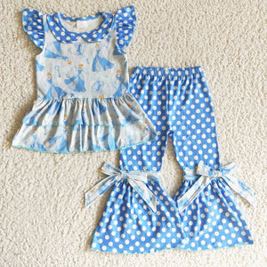 Princess Bows Blue Girls Short Sleeve+Trousers Sets