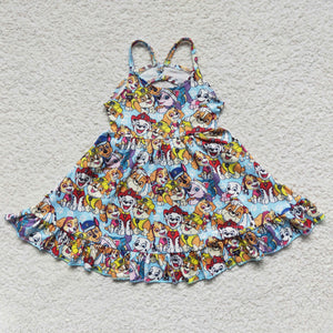 Cartoon Dogs Sky Blue Girls Sleeveless Dress