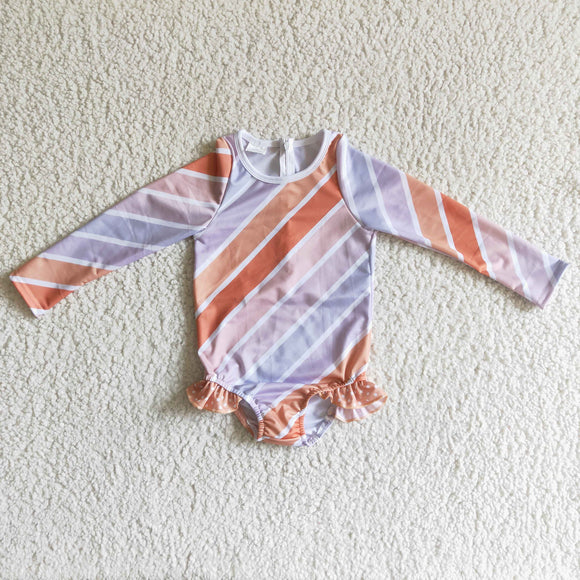 Purple Orange Stripe Long Sleeve Girls Swimsuits