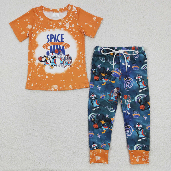 Promotional Cartoon Basketball Orange Boys Short Sleeve+Trousers Sets