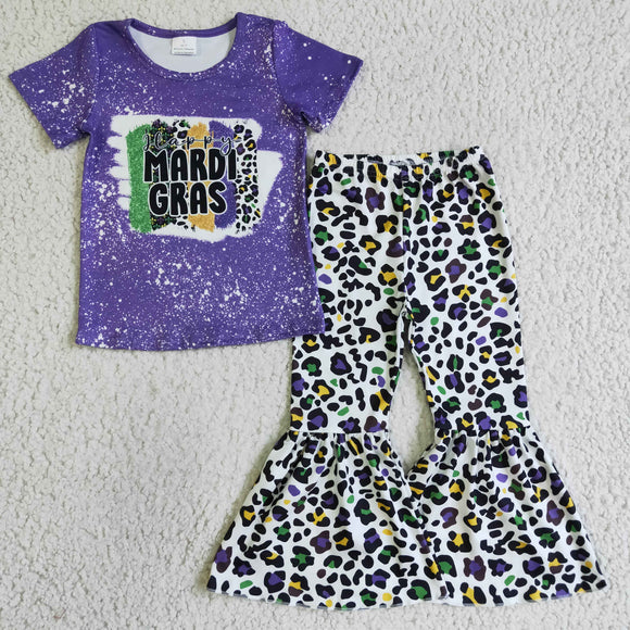 Letters Purple Leopard Print Girls Mardi Gras Outfits