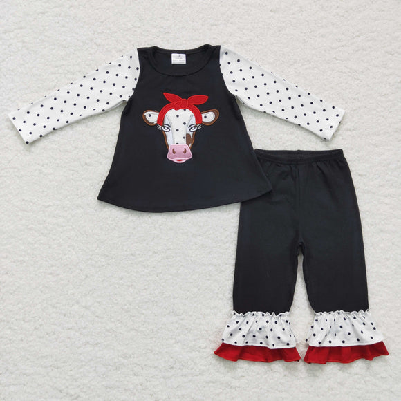 Promotional Cow Embroidery Polka Dots Black Girls Long Sleeve+Trousers Sets