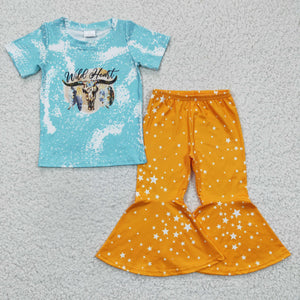 Promotional Bull Stars Yellow Girls Short Sleeve+Trousers Sets