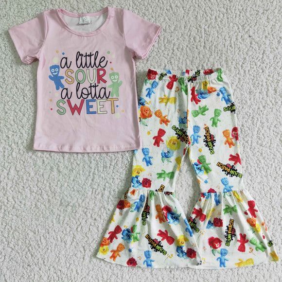 Promotional Sour Sweet Pink Girls Short Sleeve+Trousers Sets