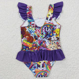 Cartoon Tiger Leopard Print Purple Girls Swimsuits