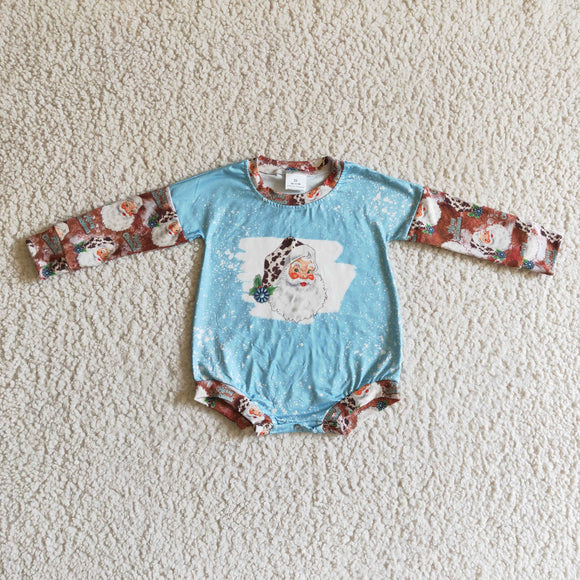 Santa Sky Blue Brown Girls Christmas Romper