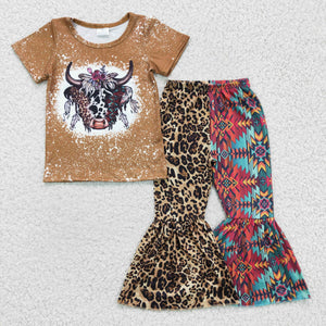 Highland Cow Leopard Print Aztec Girls Short Sleeve+Trousers Sets