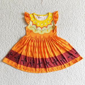 Promotional Cartoon Magic Orange Girls Flutter Sleeve Dress