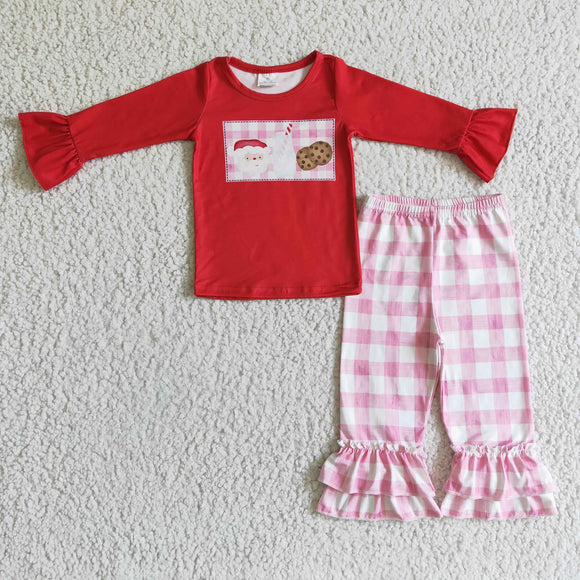 Promotional Milk Cookies Santa Pink Plaid Red Girls Christmas Outfits