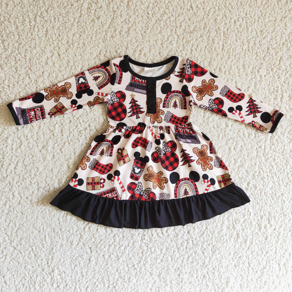 Promotional Cartoon Red Plaid Black Ruffles Girls Christmas Dress