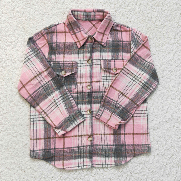 Pink Gray Brown Plaid Shirt Girls Long Sleeve Top