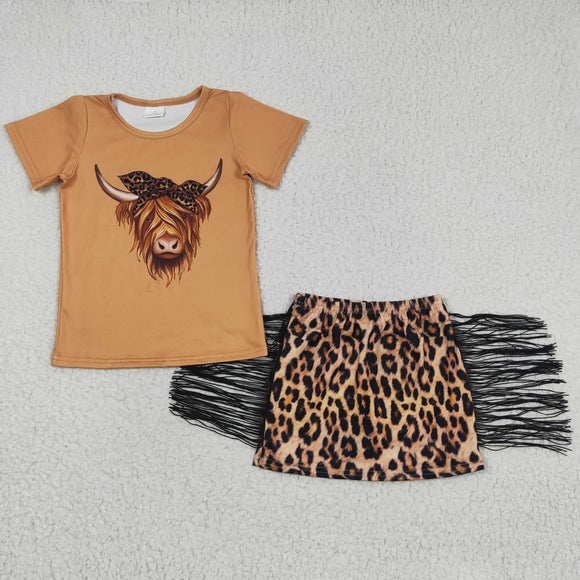 Cow Yak Leopard Print Apricot Tassels Girls Skirt Sets