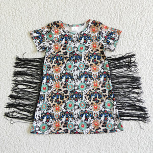 Promotional Leopard Print Gem Tassels Girls Short Sleeve Dress