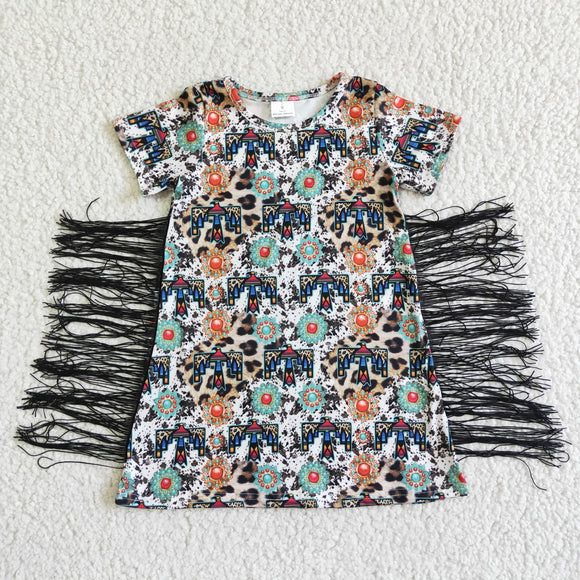 Promotional Leopard Print Gem Tassels Girls Short Sleeve Dress