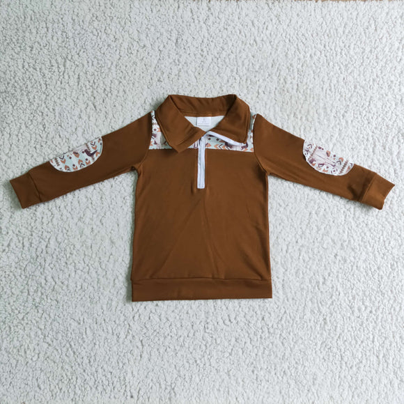 Promotional Highland Cow Aztec Brown Polo Boys Long Sleeve Top