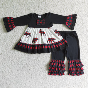 Promotional Bears Reindeer Red Black Plaid Girls Christmas Outfits