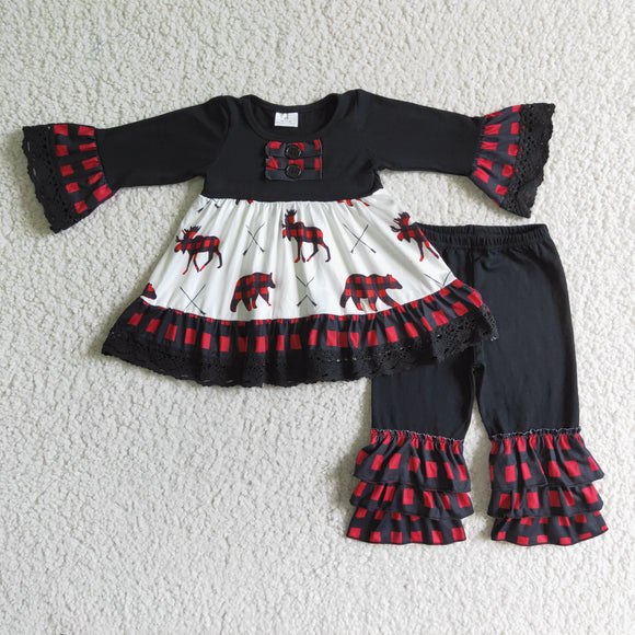 Promotional Bears Reindeer Red Black Plaid Girls Christmas Outfits