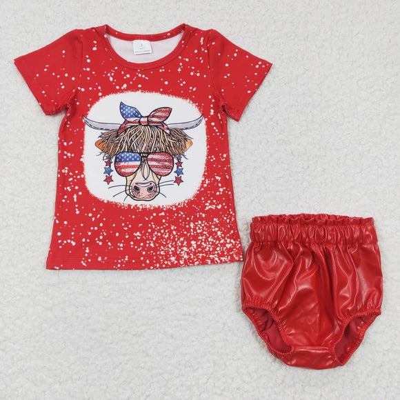 Cow Red Leather Girls 4th of July Bummies Sets