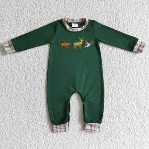Dog Deer Duck Plaid Green Boys Christmas Romper