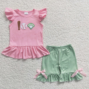 Baseball Green Plaid Pink Girls Shorts Sets