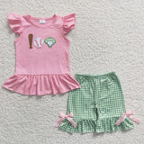 Baseball Green Plaid Pink Girls Shorts Sets