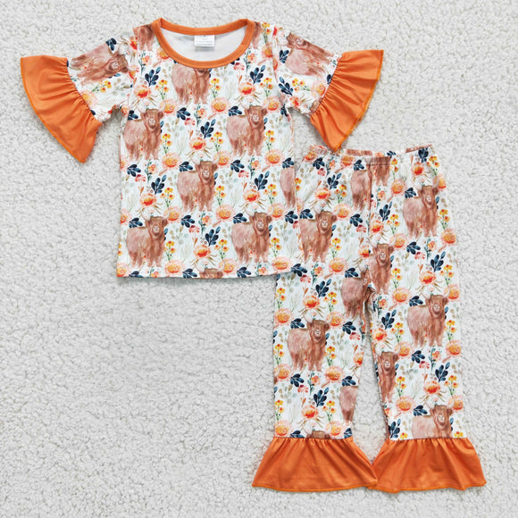 Promotional Highland Cow Floral Orange Girls Short Sleeve Pajamas