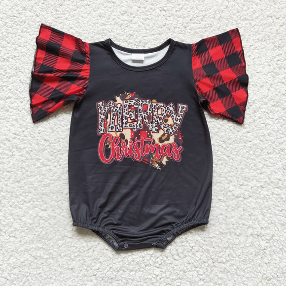 Merry Letters Black Red Plaid Girls Christmas Romper