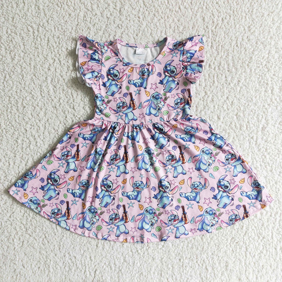 Promotional Cartoon Pink Girls Flutter Sleeve Dress
