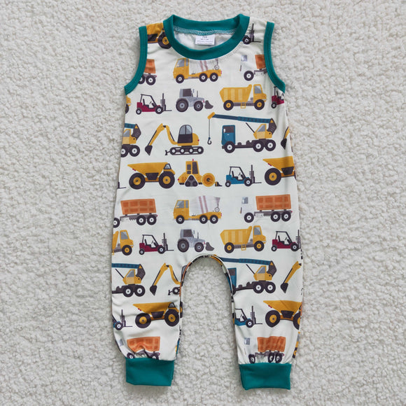 Truck Excavator Car Blue White Boys Summer Romper