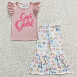 God is good Rainbow Pink Girls Short Sleeve+Trousers Sets