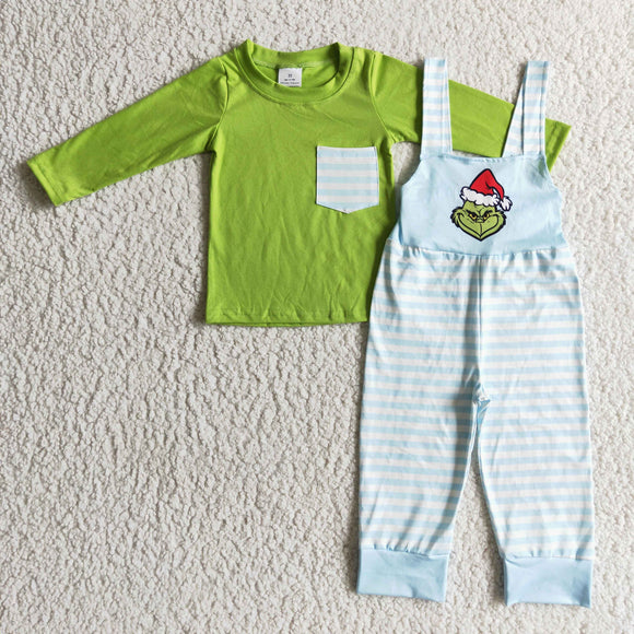 Green Top Sky Blue Stripes Suspender Pants Sets Boys Christmas Outfits