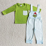 Green Top Sky Blue Stripes Suspender Pants Sets Boys Christmas Outfits