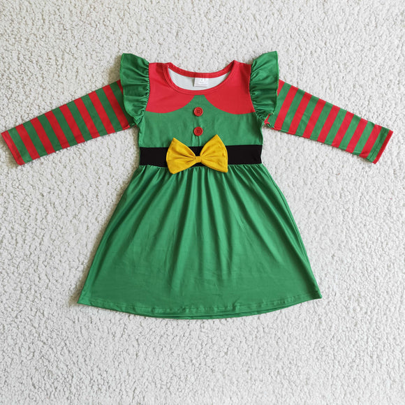 Promotional Cartoon Bow Stripe Green Girls Christmas Dress