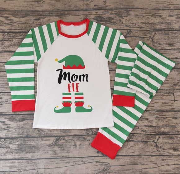 Adults Cartoon Green Stripe Mommy & Me Mom Christmas Pajamas