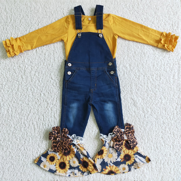 Solid Yellow Top Girls Sunflower Suspender Pants Overalls Sets