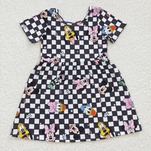 Promotional Cartoon Black Plaid Girls Short Sleeve Dress