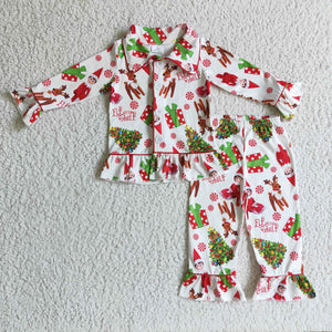 Cartoon Reindeer Trees Collar White Girls Christmas Pajamas