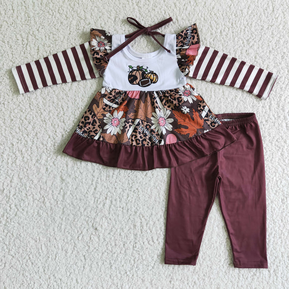 Pumpkin Embroidery Leaves Football Red Legging Girls Long Sleeve+Trousers Sets