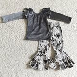 Gray Velvet Top Denim Girls Long Sleeve+Trousers Sets