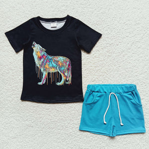 Wolf Black Blue Boys Shorts Sets