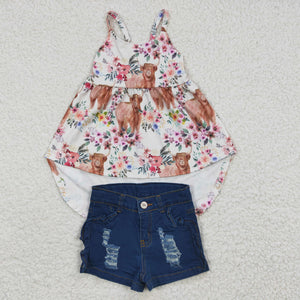 Highland Cow Floral Distressed Dark Jeans Girls Shorts Sets