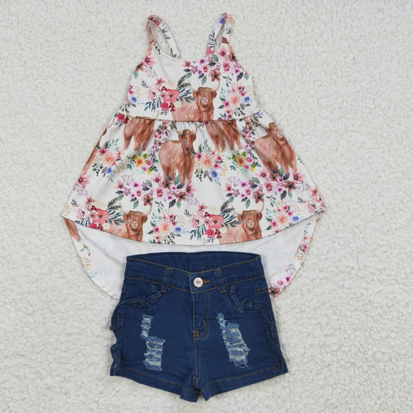 Highland Cow Floral Distressed Dark Jeans Girls Shorts Sets
