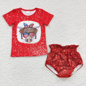 Cow Red Sequins Girls 4th of July Bummies Sets