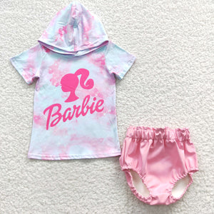 Cartoon Dolls Tie Dye Hoodie Pink Leather Bummies Sets