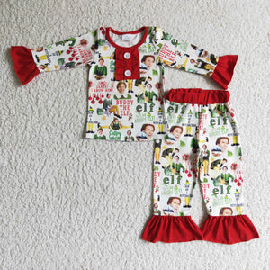 Promotional Cartoon Red Ruffles White Girls Christmas Pajamas