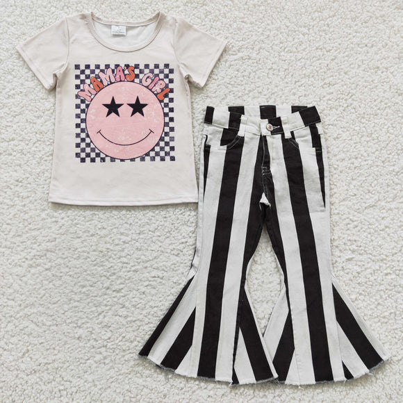 Mama's Girl Smile Beige Black Stripe Jeans Girls Short Sleeve+Trousers Sets