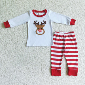 Reindeer Embroidery Red Stripes Boys Christmas Pajamas